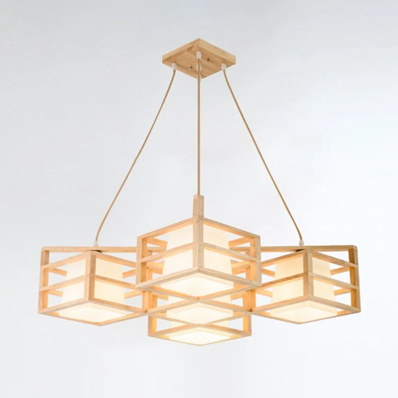 Symmetrische hangende verlichting kooistijl Scandinavische houten 5-koppige beige kroonluchter met meerdere hangers en opa...