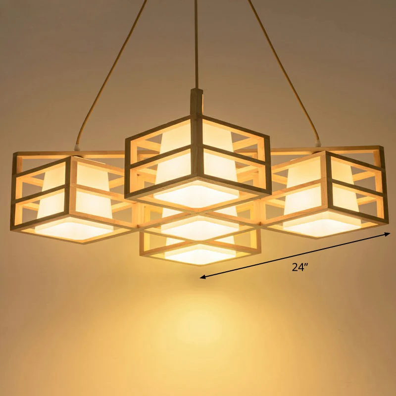 Symmetrische hangende verlichting kooistijl Scandinavische houten 5-koppige beige kroonluchter met meerdere hangers en opa...