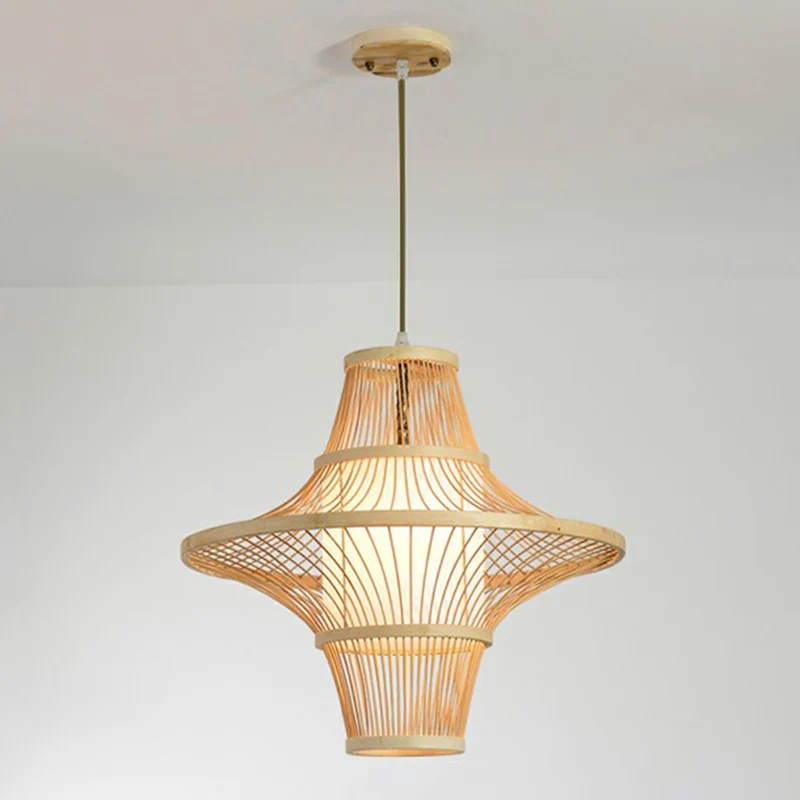 Symmetrische kooi bamboe hanglamp Moderne 1-lichts houten slingerlamp voor restaurant Clearhalo