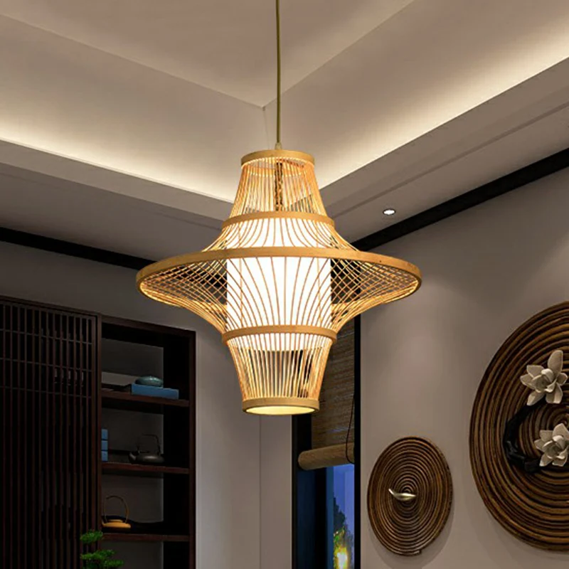 Symmetrische kooi bamboe hanglamp Moderne 1-lichts houten slingerlamp voor restaurant Clearhalo