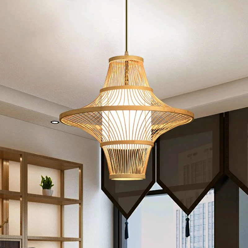 Symmetrische kooi bamboe hanglamp Moderne 1-lichts houten slingerlamp voor restaurant Clearhalo