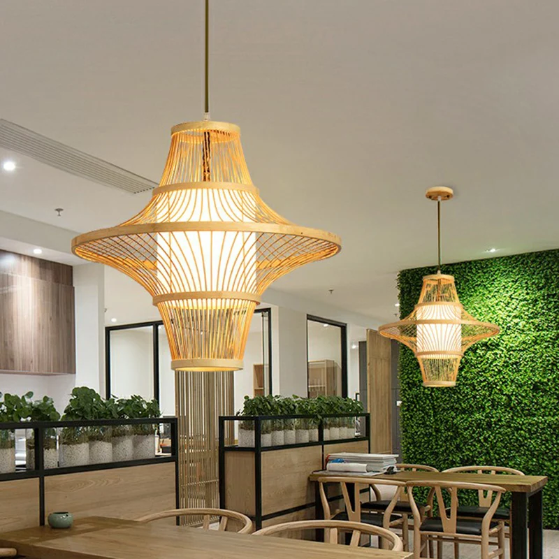 Symmetrische kooi bamboe hanglamp Moderne 1-lichts houten slingerlamp voor restaurant Clearhalo