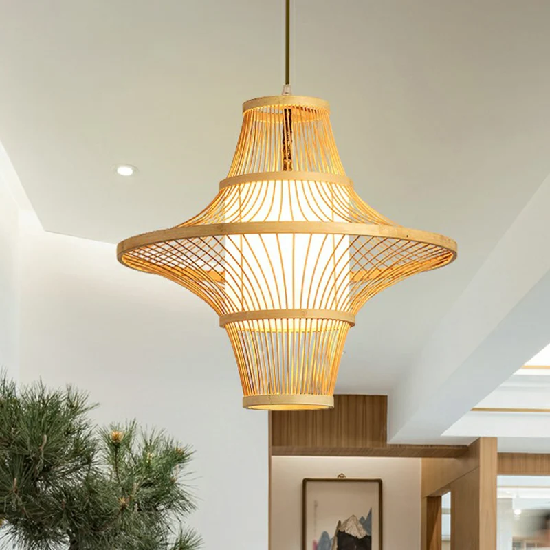 Symmetrische kooi bamboe hanglamp Moderne 1-lichts houten slingerlamp voor restaurant Clearhalo