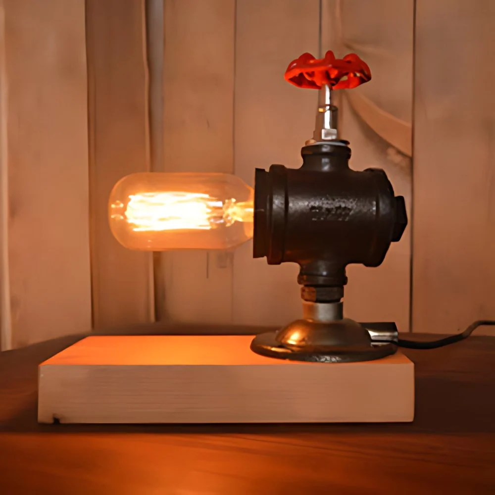 Tafellamp met 1 lamp, industriële staande lamp van zwart metaal, met ventielwiel en houten voet Clearhalo