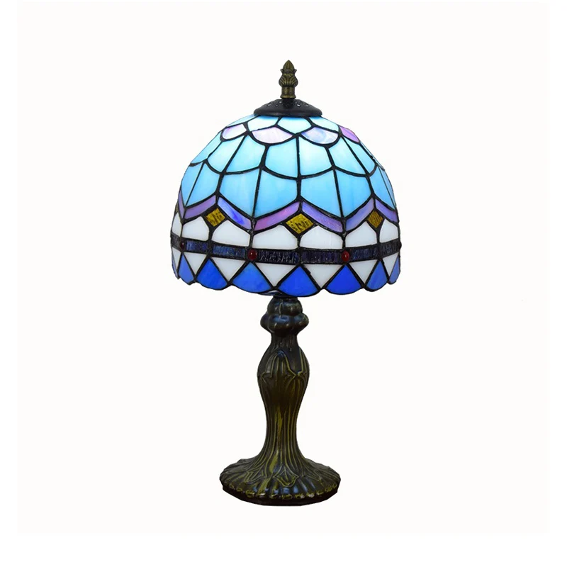 Tafellamp met 1 lamp, mediterrane koepel, nachtkastje van gerasterd glas, blauw voor woonkamer Clearhalo