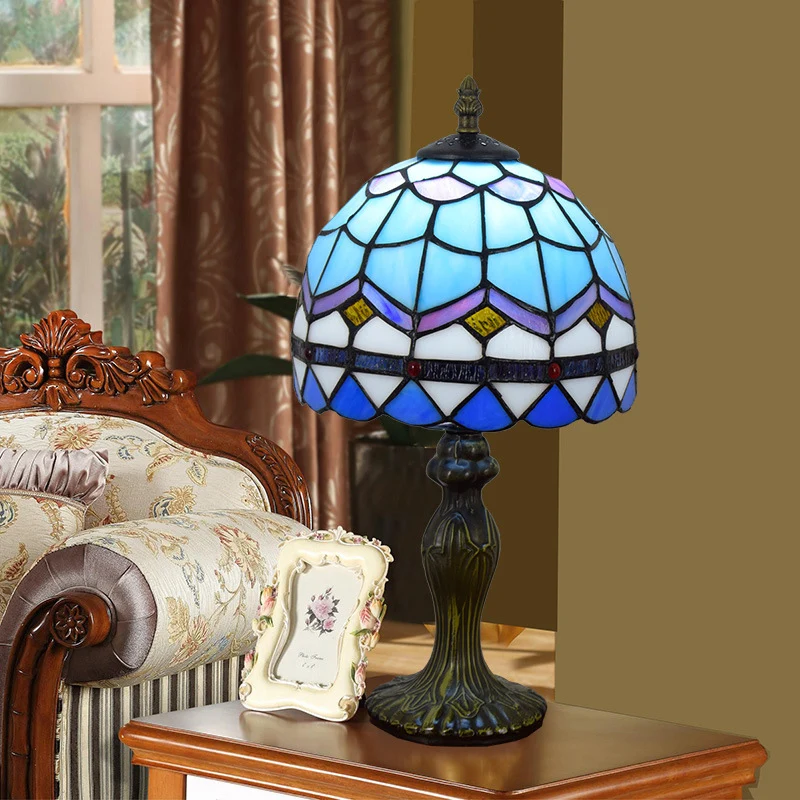 Tafellamp met 1 lamp, mediterrane koepel, nachtkastje van gerasterd glas, blauw voor woonkamer Clearhalo