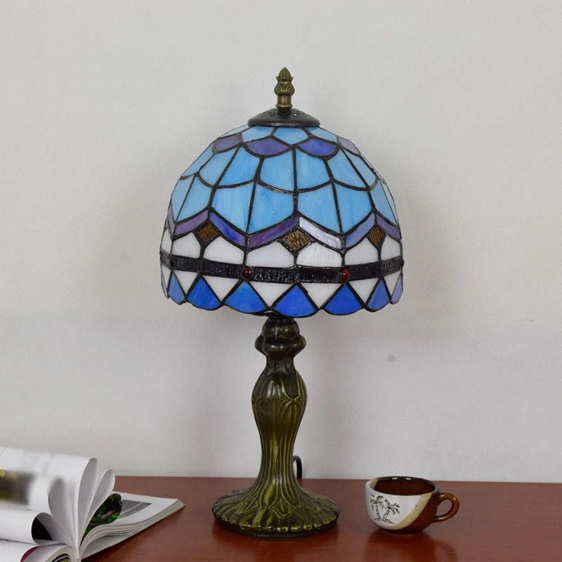 Tafellamp met 1 lamp, mediterrane koepel, nachtkastje van gerasterd glas, blauw voor woonkamer Clearhalo