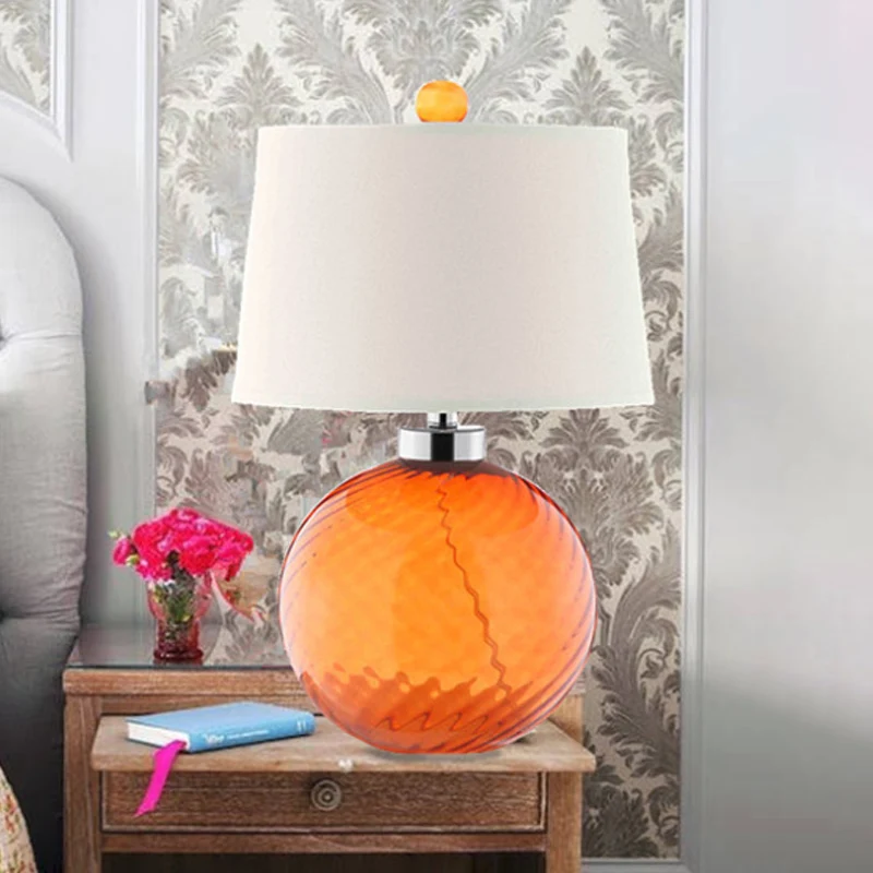 Tafellamp van geblazen glas, 1 lamp, retro-stijl, oranje bolbasis, slaapkamertafellamp met tonvormige stoffen kap Clearhalo