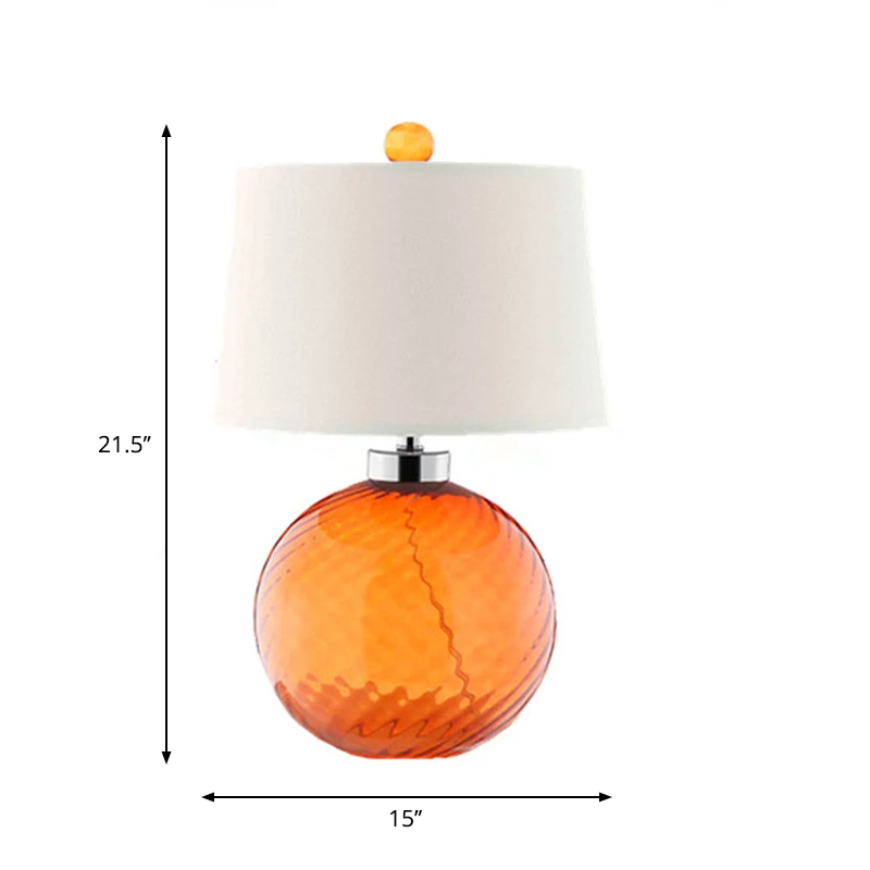 Tafellamp van geblazen glas, 1 lamp, retro-stijl, oranje bolbasis, slaapkamertafellamp met tonvormige stoffen kap Clearhalo