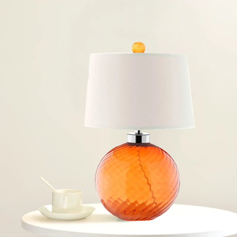 Tafellamp van geblazen glas, 1 lamp, retro-stijl, oranje bolbasis, slaapkamertafellamp met tonvormige stoffen kap Clearhalo
