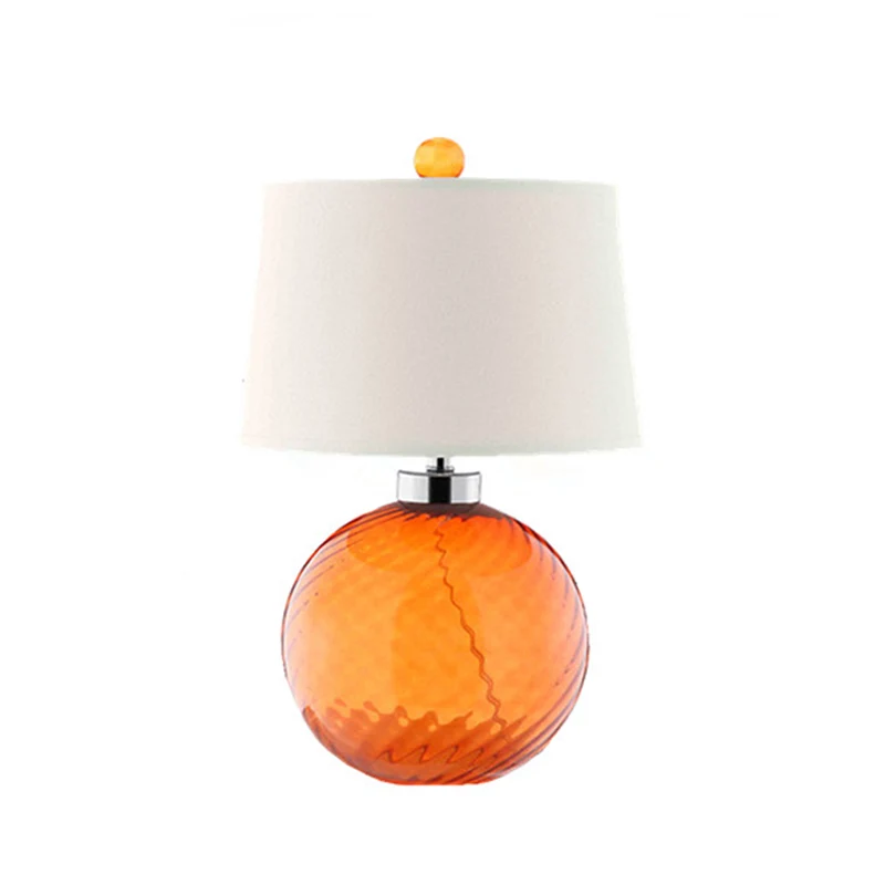 Tafellamp van geblazen glas, 1 lamp, retro-stijl, oranje bolbasis, slaapkamertafellamp met tonvormige stoffen kap Clearhalo