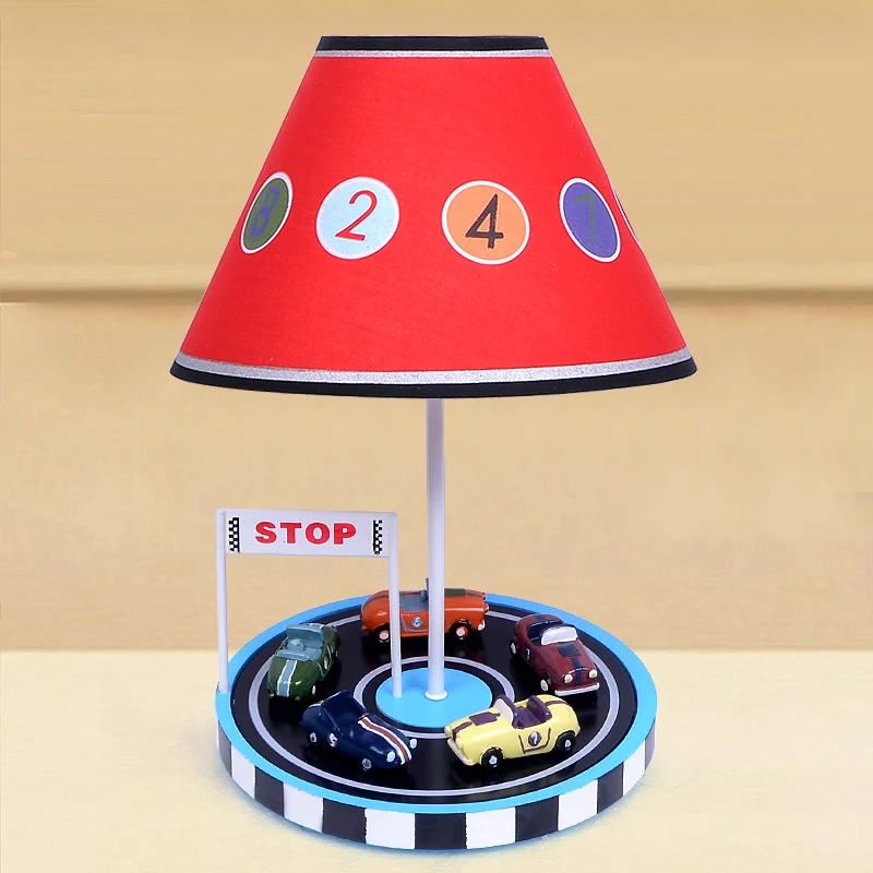 Tafellamp van stof voor kinderen, nachtkastje met 1 lamp, verlichting rood met decor van racevoertuigen Clearhalo