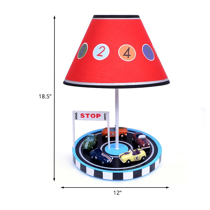Tafellamp van stof voor kinderen, nachtkastje met 1 lamp, verlichting rood met decor van racevoertuigen Clearhalo