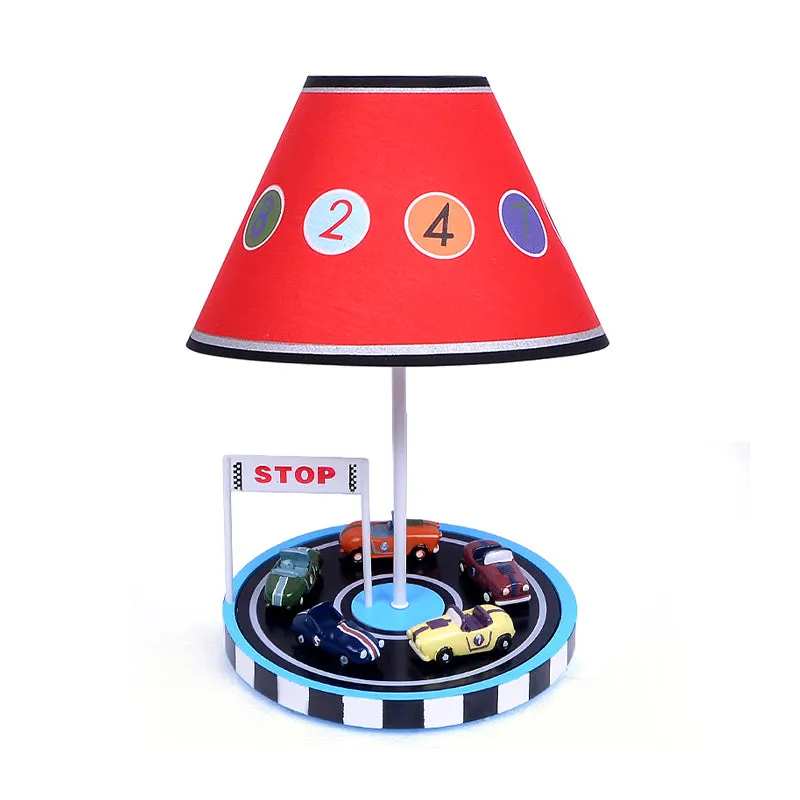 Tafellamp van stof voor kinderen, nachtkastje met 1 lamp, verlichting rood met decor van racevoertuigen Clearhalo