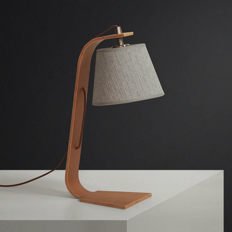 Tafellamp van textiel, modernisme, 1-lichtgrijs, plug- nachtlampje met gebogen houten arm Clearhalo
