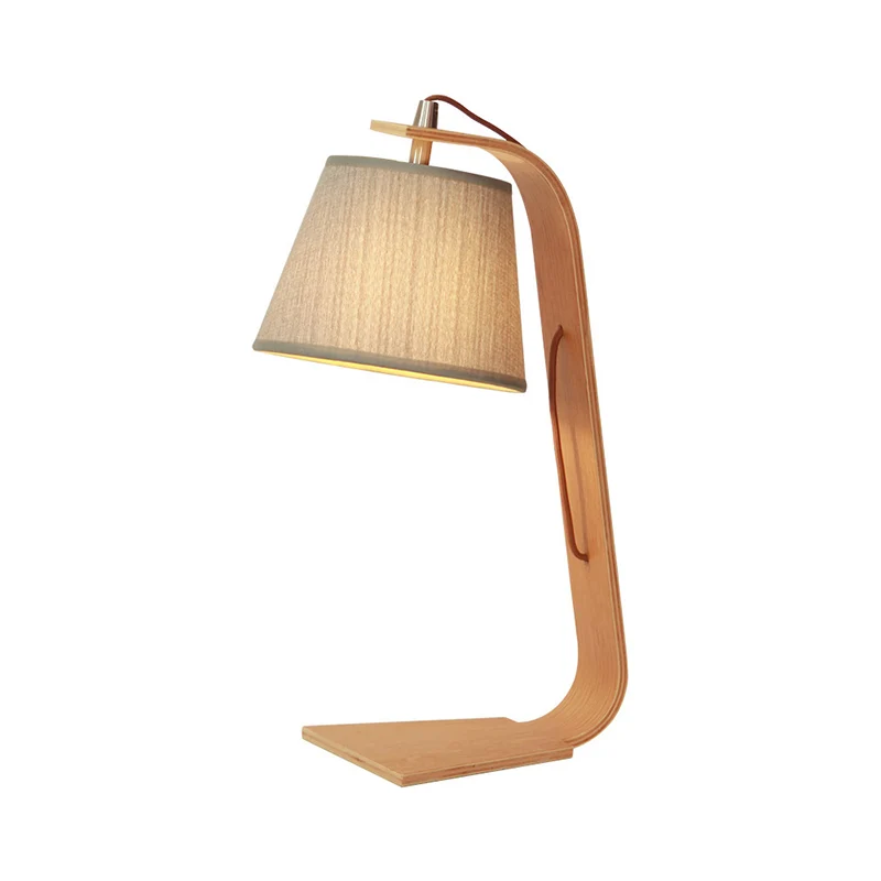Tafellamp van textiel, modernisme, 1-lichtgrijs, plug- nachtlampje met gebogen houten arm Clearhalo