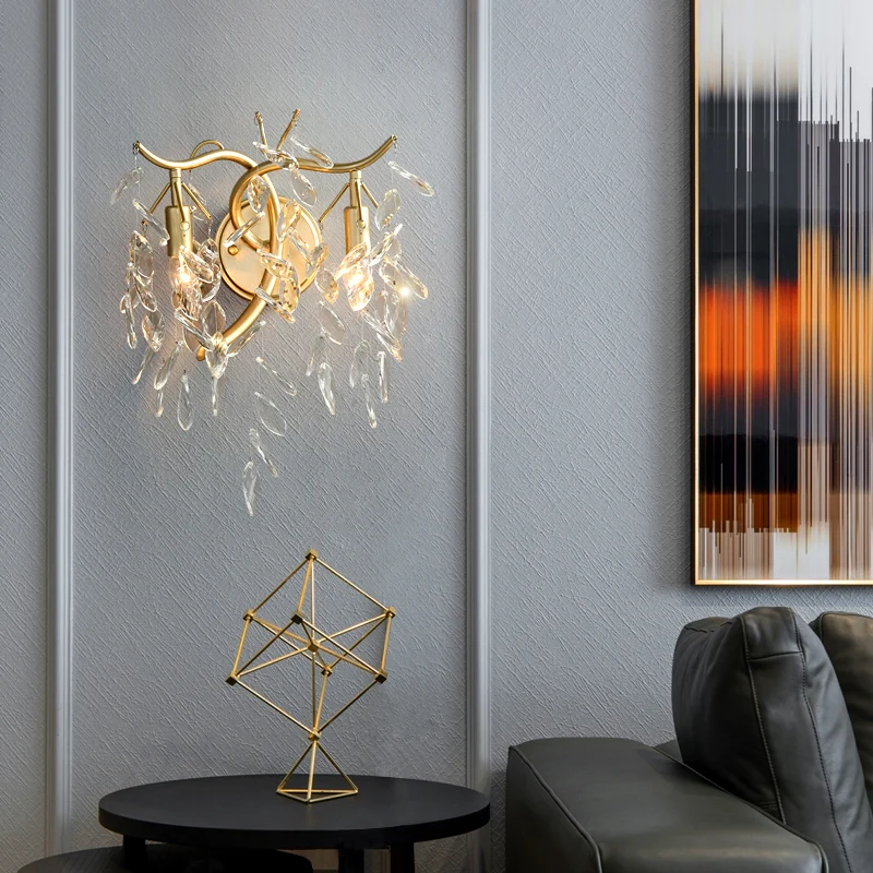 Tak helder kristal wandmontage lamp land 2 hoofden nachtkastje verlichtingsarmatuur messing Clearhalo