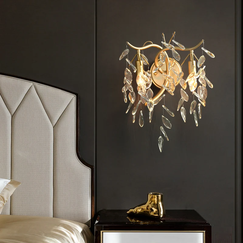 Tak helder kristal wandmontage lamp land 2 hoofden nachtkastje verlichtingsarmatuur messing Clearhalo