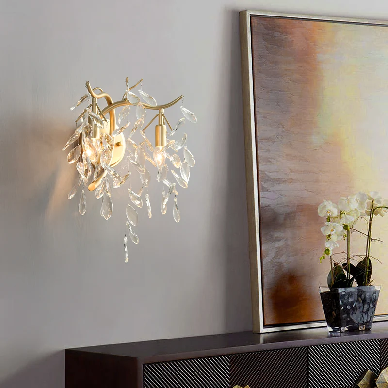Tak helder kristal wandmontage lamp land 2 hoofden nachtkastje verlichtingsarmatuur messing Clearhalo