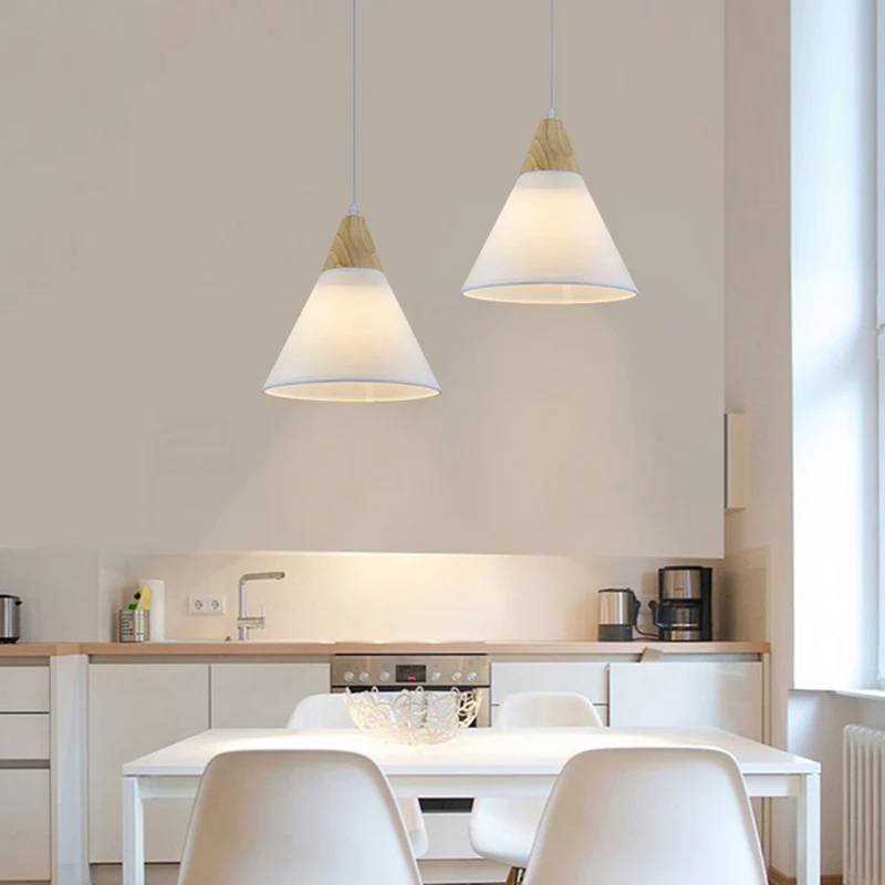 Taps toelopende hanglamp Simplicity Fabric 1-lichts eetkamer hanglamp met houten blad wit Clearhalo