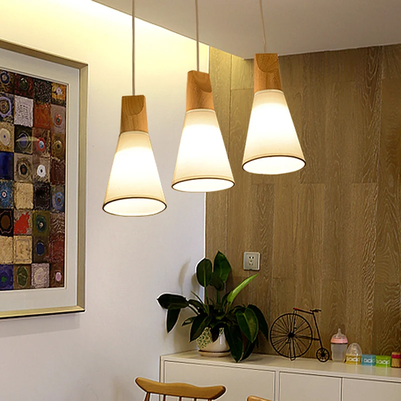 Taps toelopende hanglamp Simplicity Fabric 1-lichts eetkamer hanglamp met houten blad wit Clearhalo
