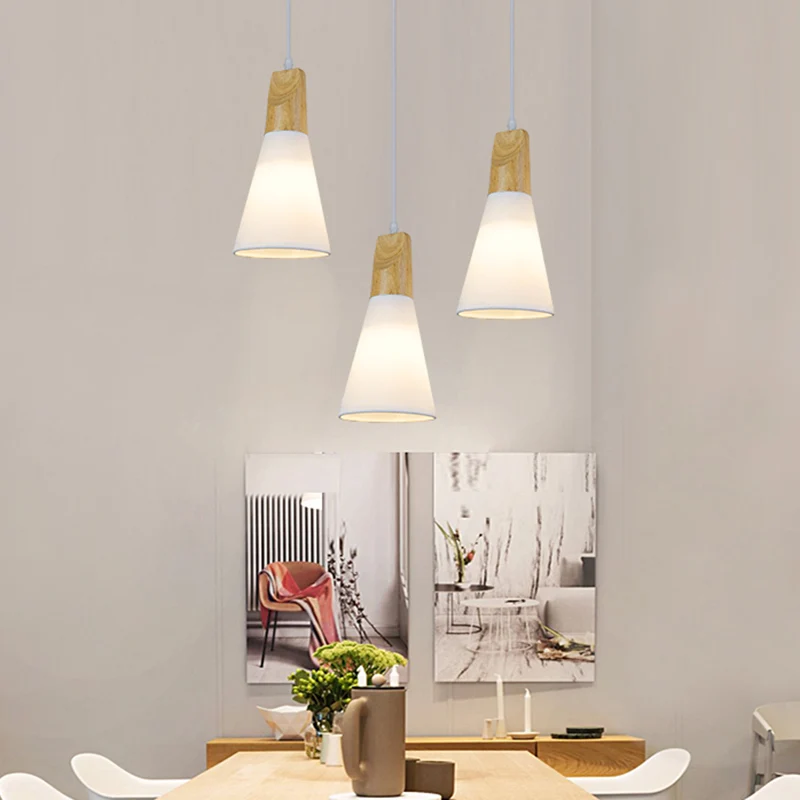 Taps toelopende hanglamp Simplicity Fabric 1-lichts eetkamer hanglamp met houten blad wit Clearhalo