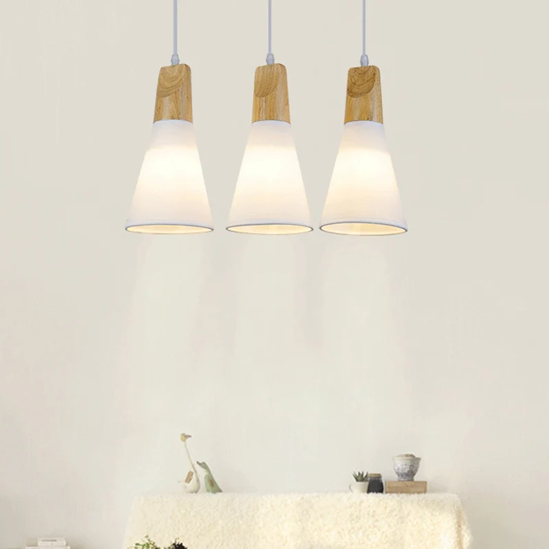 Taps toelopende hanglamp Simplicity Fabric 1-lichts eetkamer hanglamp met houten blad wit Clearhalo