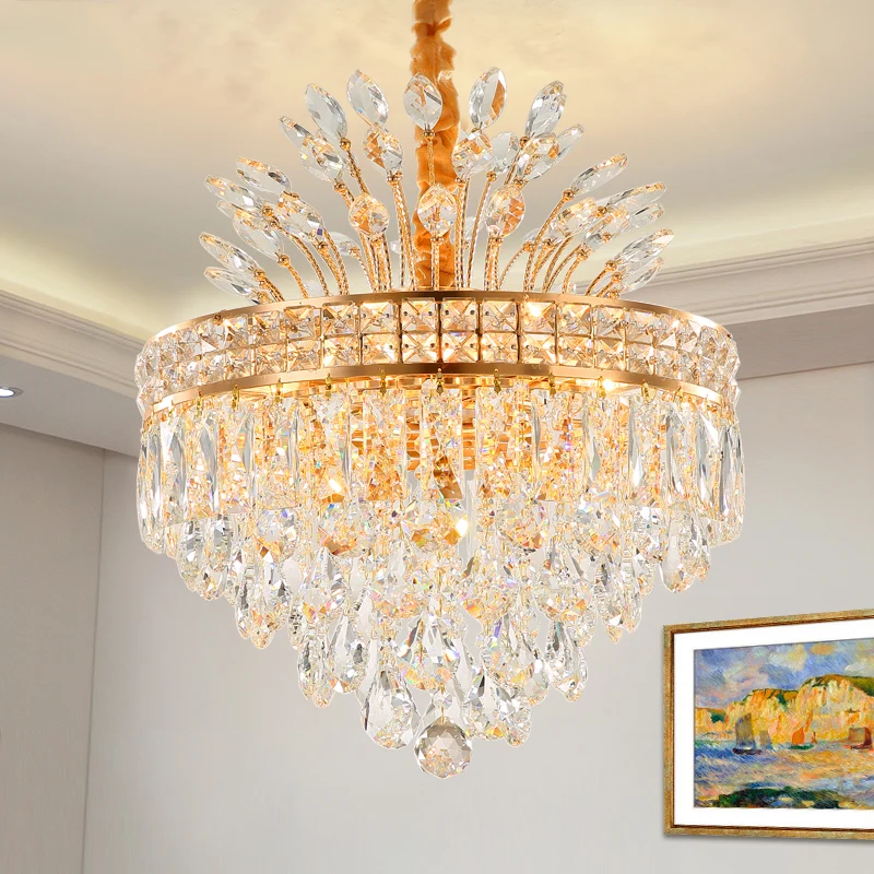 Taps toelopende kroonluchter, modern gefacetteerd kristal, 9 lampen, gouden hanglamp voor slaapkamer Clearhalo