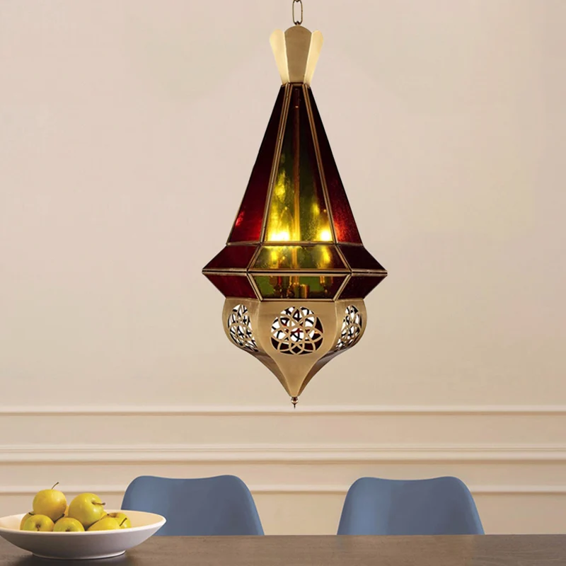 Taps toelopende metalen hanglamp Arabische restaurantkroonluchter met 3 lampen messing met kap van gebrandschilderd glas C...