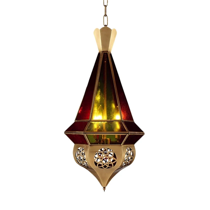 Taps toelopende metalen hanglamp Arabische restaurantkroonluchter met 3 lampen messing met kap van gebrandschilderd glas C...