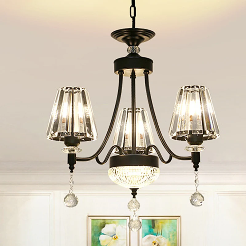 Taps toelopende plafondkroonluchter Modern geslepen kristal 3/6/8 hoofden 23,5 "/29,5" 34,5 "brede zwarte hanglampset Clea...