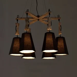 Taps toelopende stoffen kroonluchter, traditionele hanglamp met 6 lampen wit/zwart/vlas Clearhalo