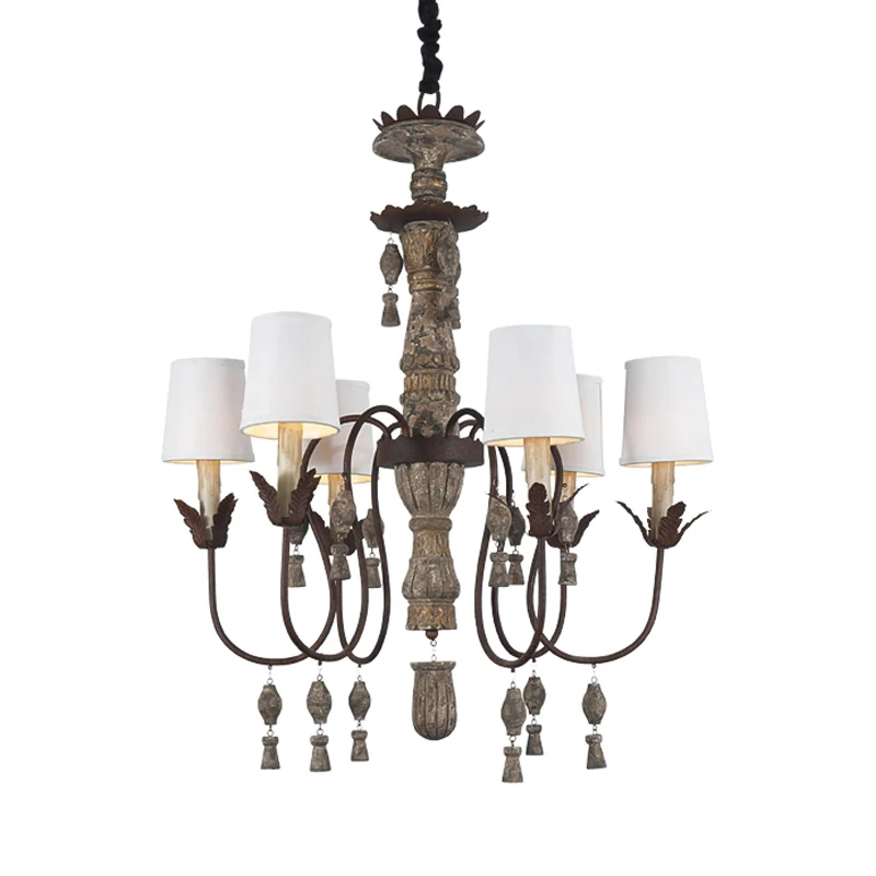 Taps toelopende stoffen kroonluchterlamp Vintage 6-lichts slaapkamer hangend lichtarmatuur zwart met houten druppel Clearhalo