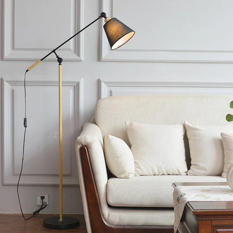 Taps toelopende vloerleeslamp Nordic stof 1 lamp Zwart/wit en houten vloerlamp met zwenkarm Clearhalo
