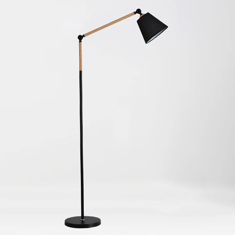 Taps toelopende vloerleeslamp Nordic stof 1 lamp Zwart/wit en houten vloerlamp met zwenkarm Clearhalo