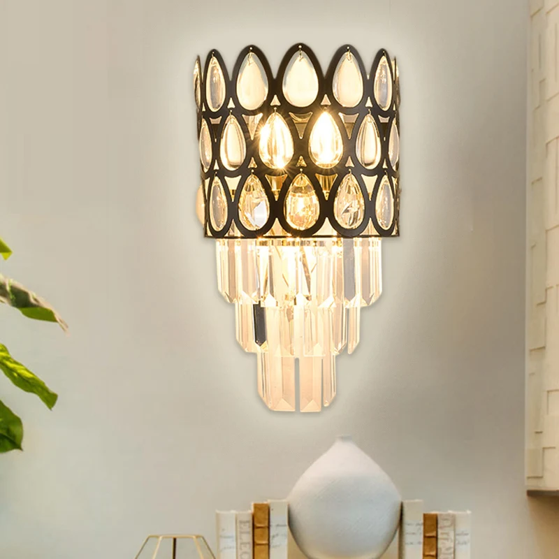 Teardrop Grid wandmontage licht eigentijds gefacetteerd kristal 3 lampen zwart/goud schanslamp armatuur Clearhalo