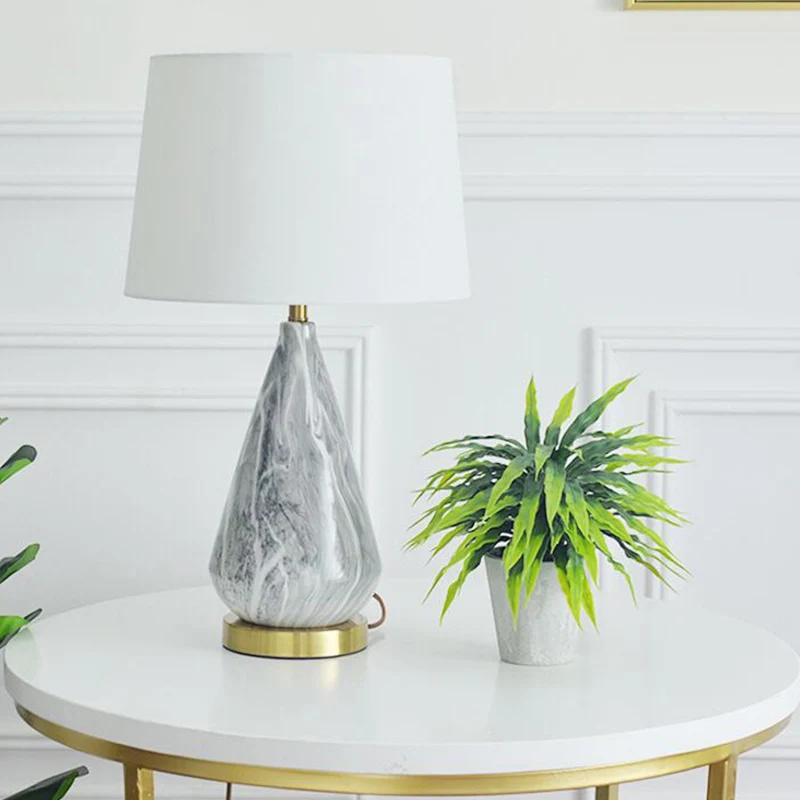 Teardrop keramische tafellamp modern 1-lamps grijze bureaulamp met witte trommelstof kap Clearhalo