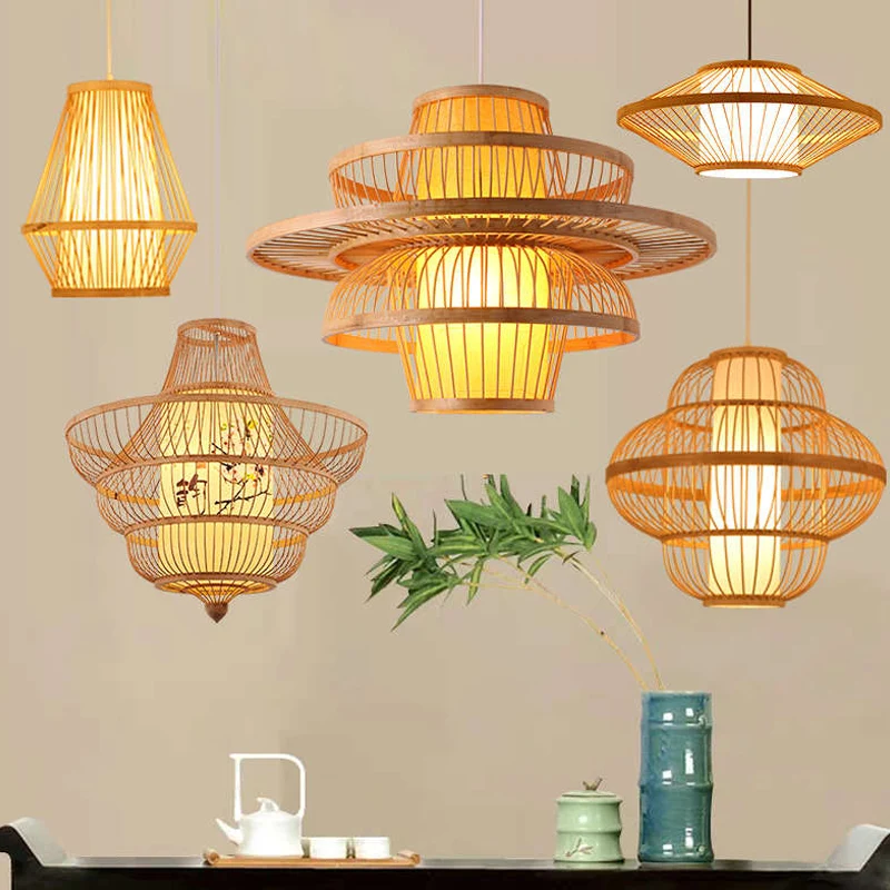 Teardrop/Bubbling/3-Shade hanglampset Chinese stijl bamboe 1-lichts beige plafondhangende lantaarn Clearhalo
