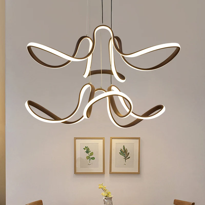 2 Tiers Curve Kroonluchter Licht Modernistisch Acryl Koffie LED Hanglamp voor Eetkamer Clearhalo