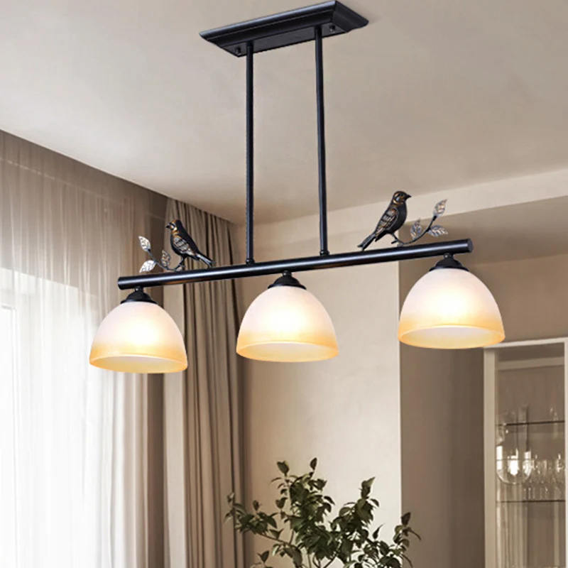 Tonvormige eetkamer eilandlamp Traditioneel wit glas 3 lampen Zwarte hanglamp met vogels Clearhalo