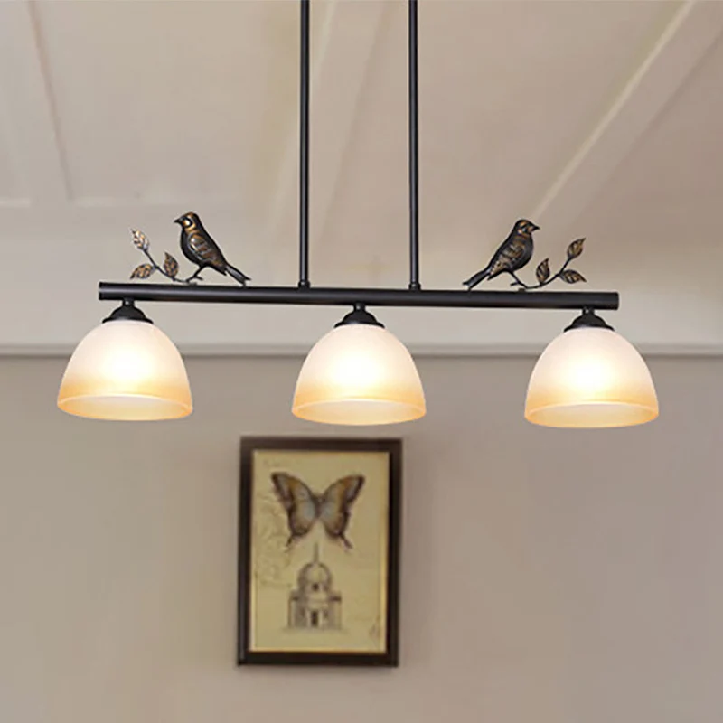Tonvormige eetkamer eilandlamp Traditioneel wit glas 3 lampen Zwarte hanglamp met vogels Clearhalo