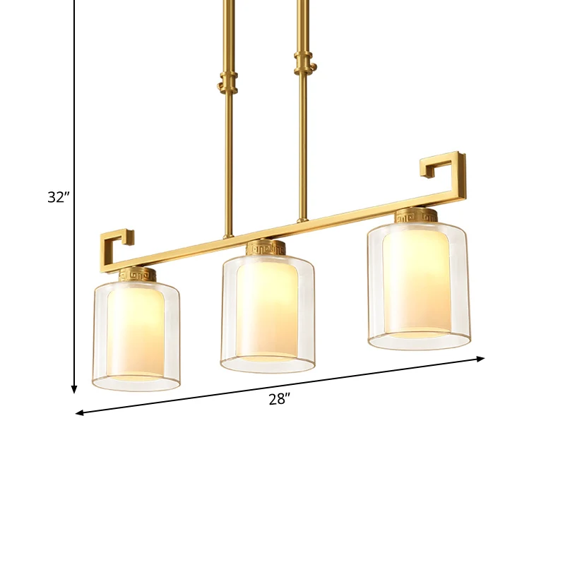 Traditionele 2-laags cilindereilandverlichting, 3 koppen helder en opaalglas slingerlamp messing Clearhalo