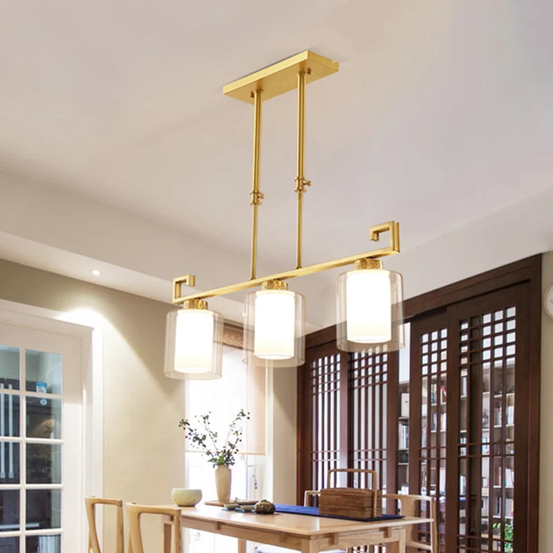 Traditionele 2-laags cilindereilandverlichting, 3 koppen helder en opaalglas slingerlamp messing Clearhalo