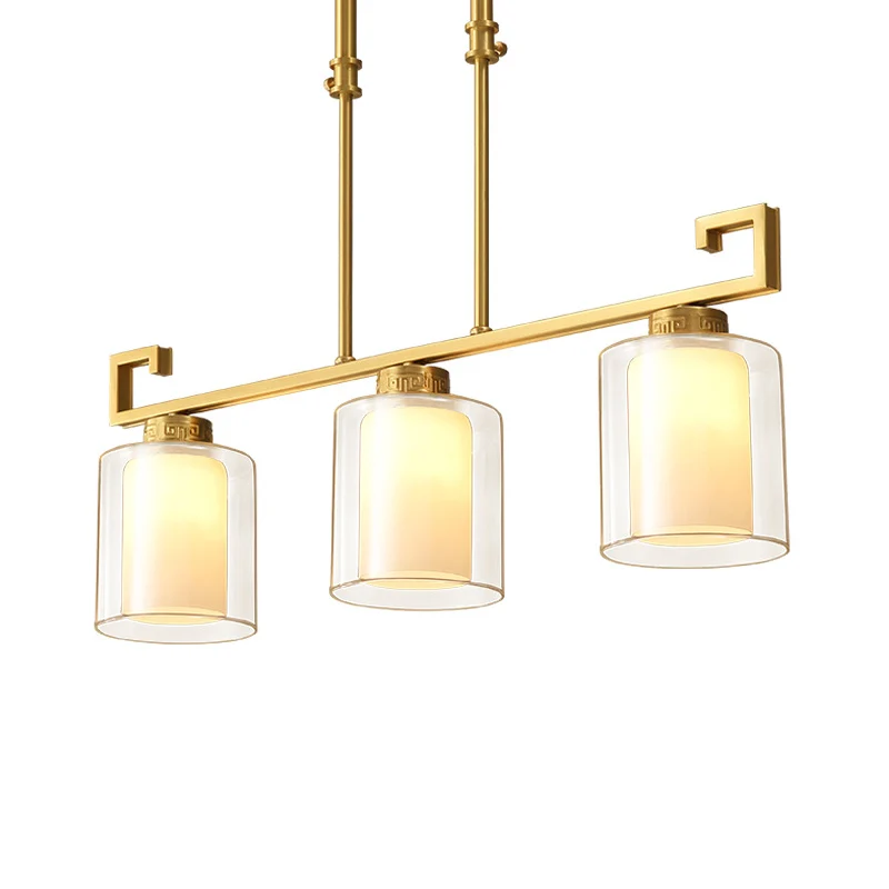 Traditionele 2-laags cilindereilandverlichting, 3 koppen helder en opaalglas slingerlamp messing Clearhalo