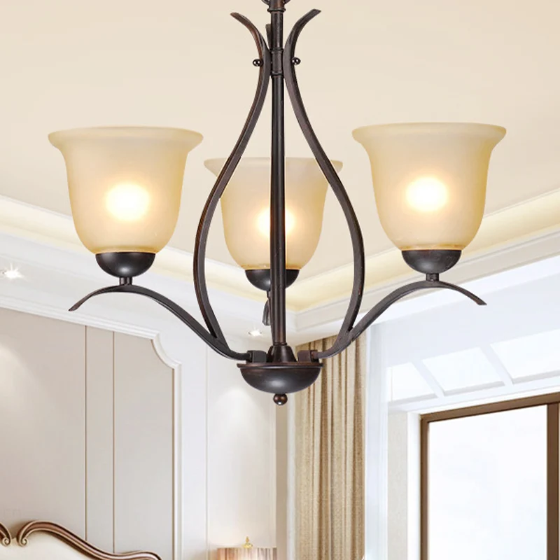 Traditionele belhangende kroonluchter 3/5/8 koppen beige matglas hanglamp zwart voor woonkamer Clearhalo