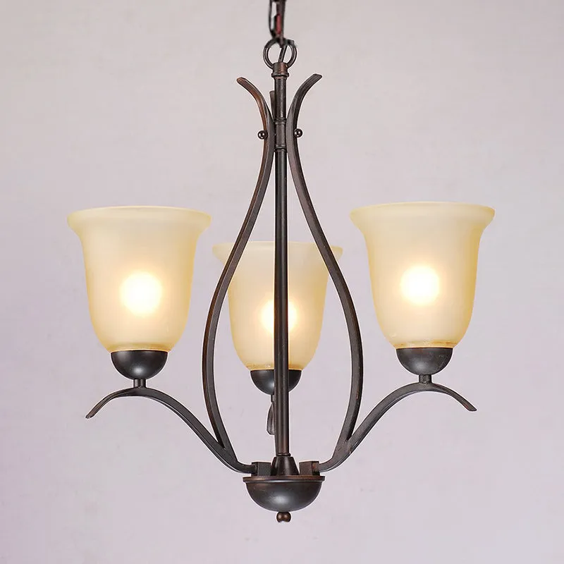 Traditionele belhangende kroonluchter 3/5/8 koppen beige matglas hanglamp zwart voor woonkamer Clearhalo