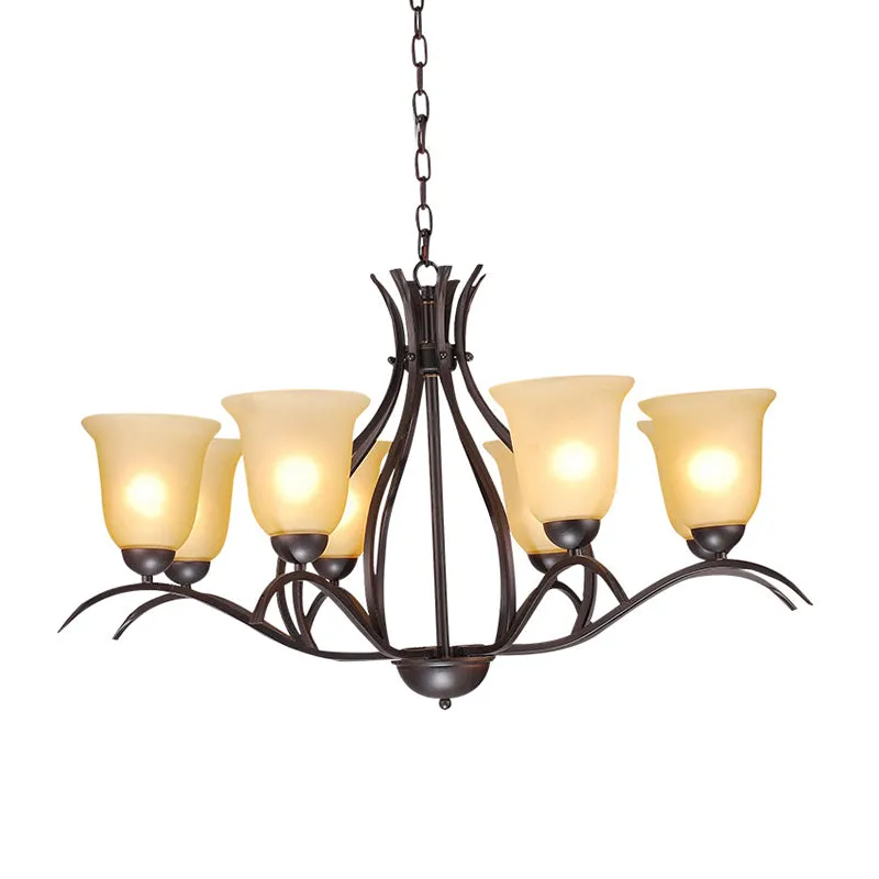 Traditionele belhangende kroonluchter 3/5/8 koppen beige matglas hanglamp zwart voor woonkamer Clearhalo