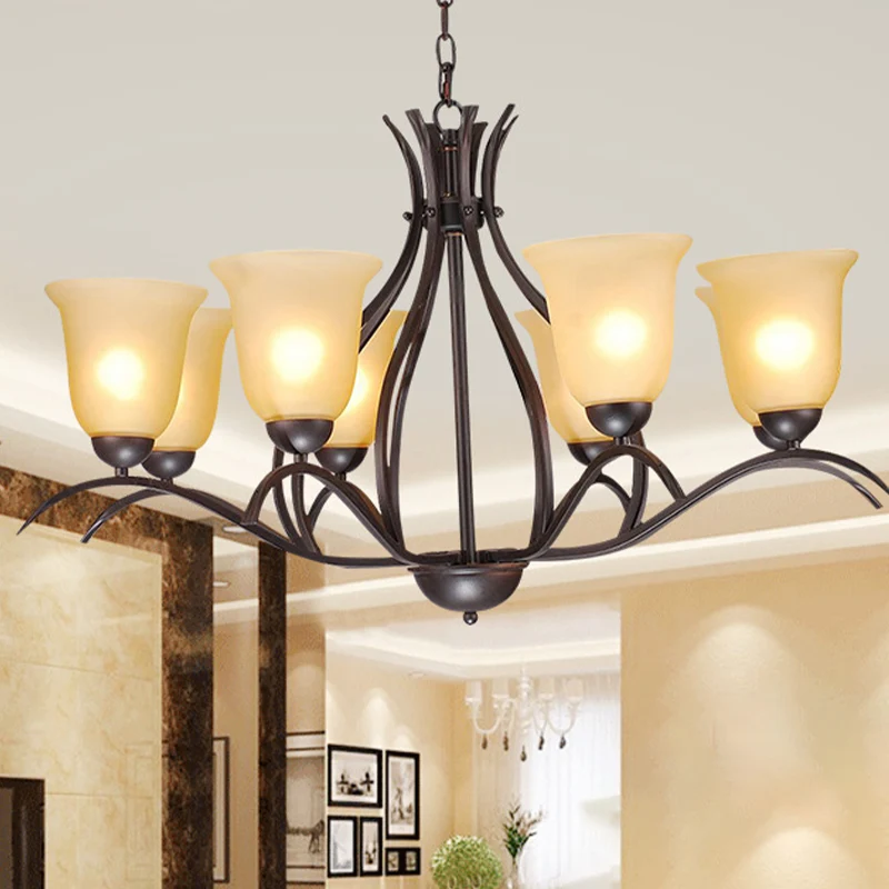 Traditionele belhangende kroonluchter 3/5/8 koppen beige matglas hanglamp zwart voor woonkamer Clearhalo