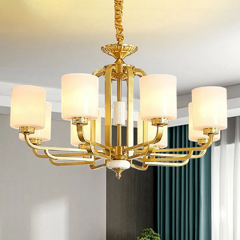 Traditionele cilinderkroonluchter Melkachtig glazen plafondhanglamp messing voor woonkamer Clearhalo