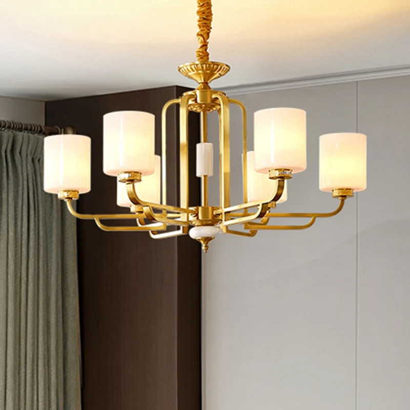 Traditionele cilinderkroonluchter Melkachtig glazen plafondhanglamp messing voor woonkamer Clearhalo
